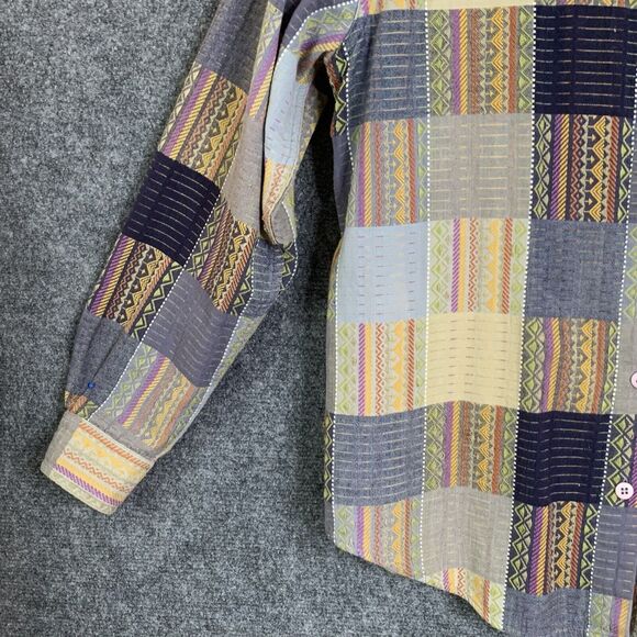 Lemon Grass Button Front Shirt Women S Patchwork Pattern Long Sleeve Cotton - Picture 4 of 12